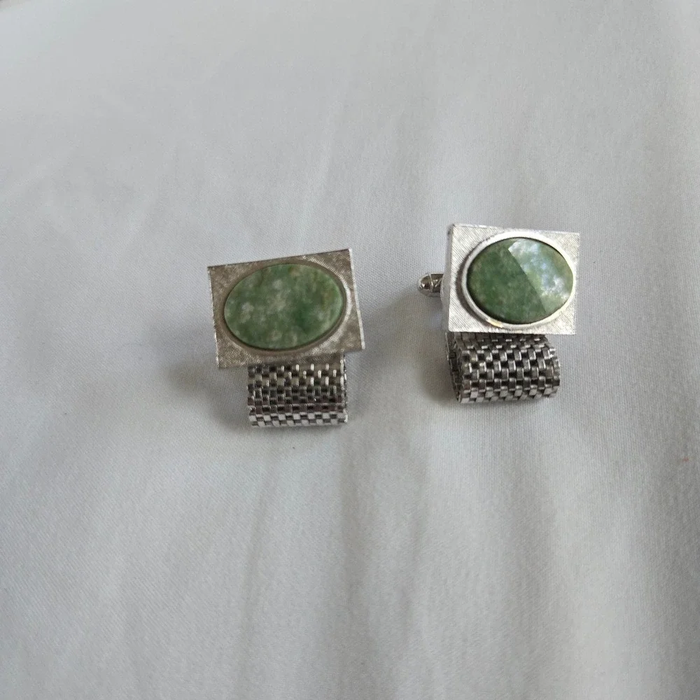 VTG Green Stone Mesh Cufflinks Wrap Unbranded OS Mens Green Silver Tone Textured
